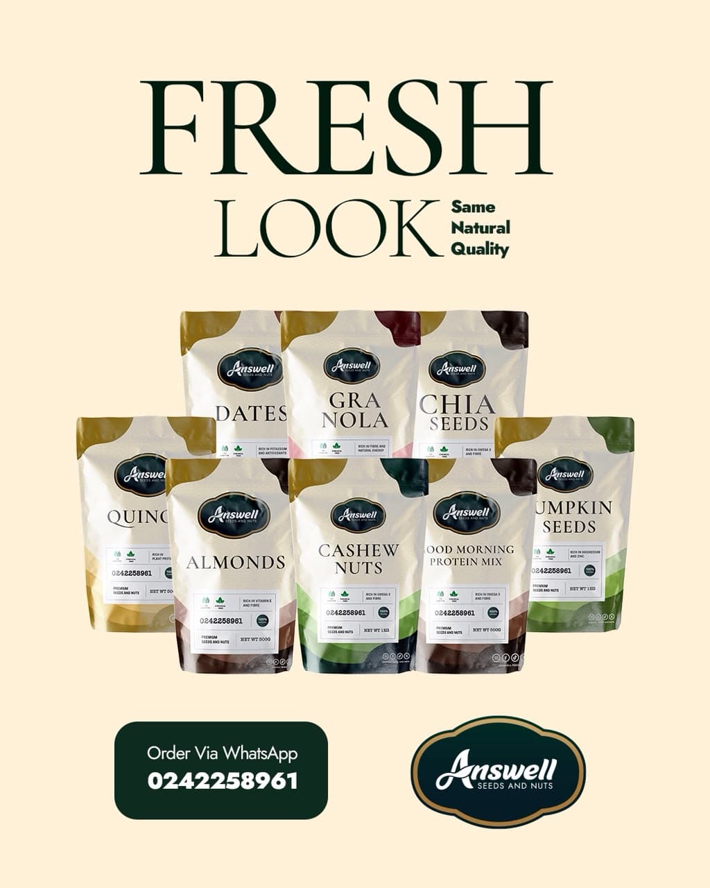 Answell flyer: Fresh look, same natural quality. Order via WhatsApp 0242258961